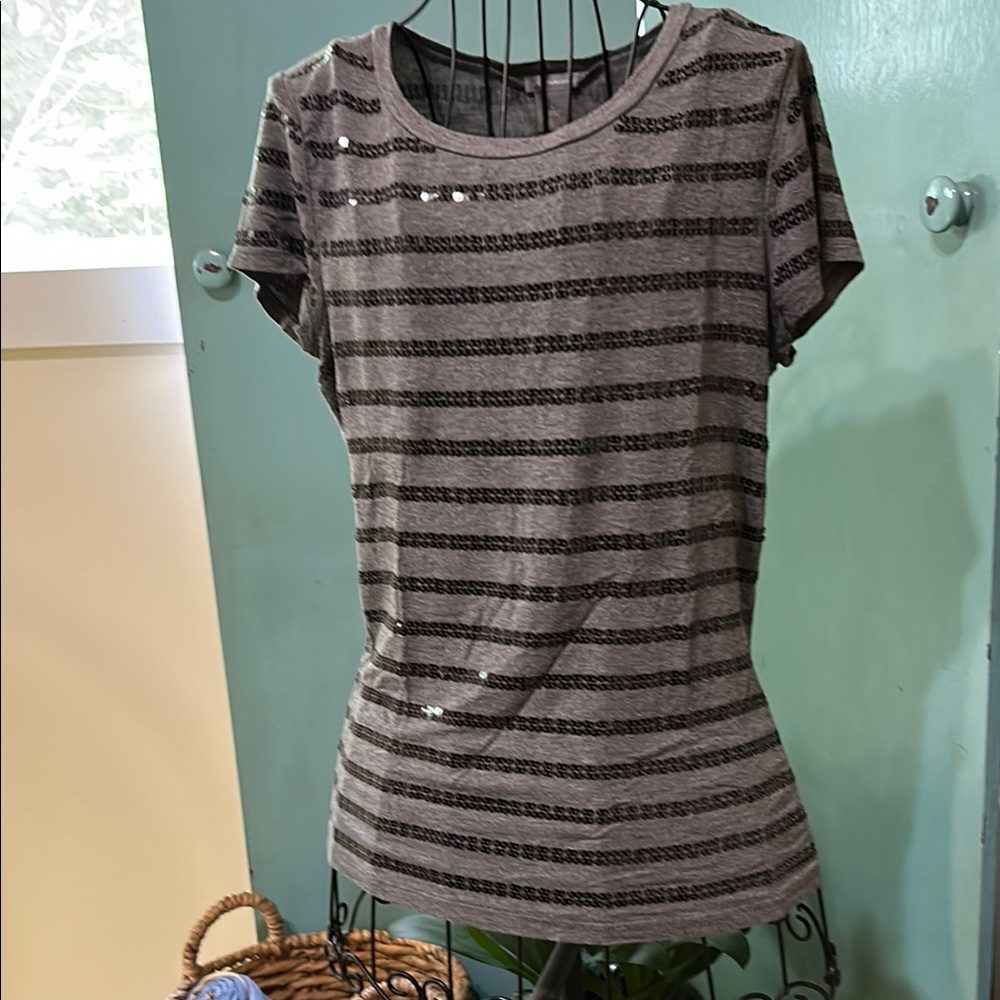 Ann Taylor Black and Gray Striped Sequin Tee